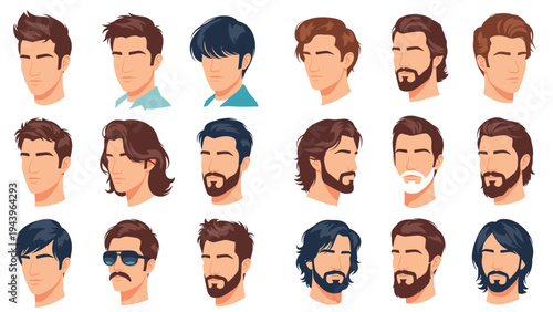 Grid of male faces displaying a variety of modern hairstyles beards and mustaches for men grooming and barber shop inspiration.