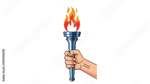 Human hand holding a glowing torch with bright orange flames symbolizing victory leadership or the spirit of competition.
