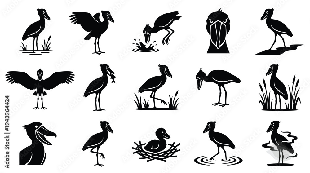 Fototapeta premium Collection of Silhouetted Water Birds in Various Poses and Activities, Including Feeding and Nesting.