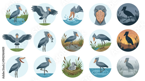 Collection of illustrations depicting the Shoebill bird in various poses and natural habitats, showcasing its unique features and behaviors.