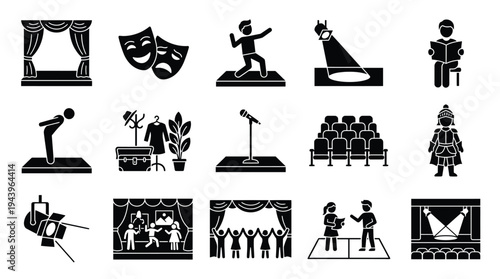A collection of black and white icons representing various aspects of theater and performance art, including stages, actors, and audience seating.