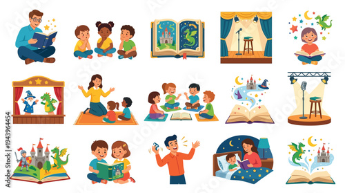 Collection of illustrations depicting storytelling, reading, and imaginative play for children, featuring books, dragons, castles, and interactive sessions.
