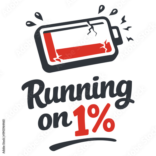 Funny and creative illustration of a nearly dead battery showing one percent charge left with cracks and sweat drops