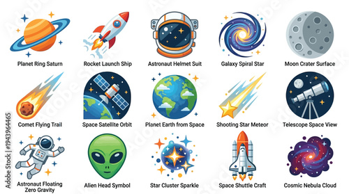 A vibrant collection of space-themed illustrations featuring planets, rockets, astronauts, galaxies, and celestial phenomena.