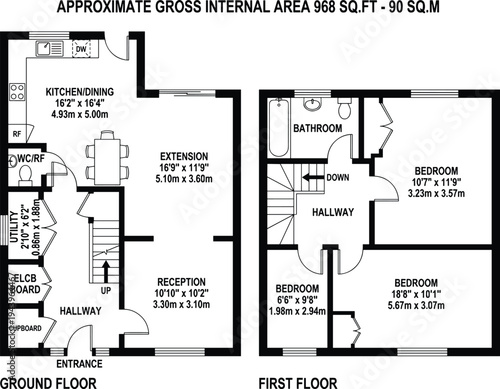 Detailed two-story residential house floor plan with precise room dimensions and metric measurements for real estate marketing and property listings.