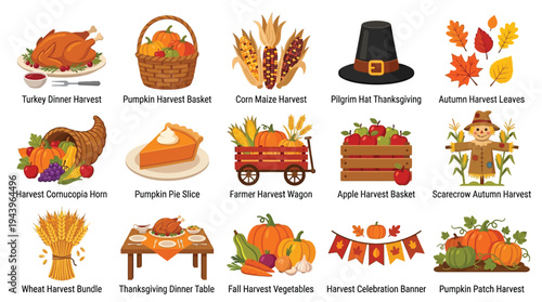 A vibrant collection of Thanksgiving and autumn harvest illustrations, featuring a roasted turkey, pumpkin pie, cornucopia, scarecrow, and festive decorations.