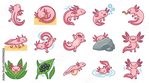 Collection of cute cartoon axolotls in various playful poses and activities, showcasing their unique features and charming nature.