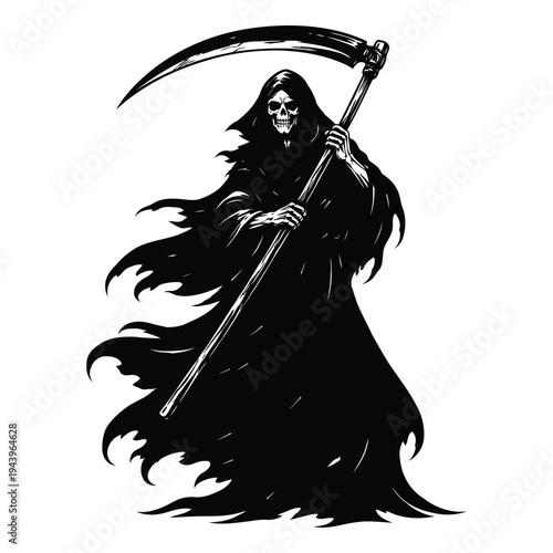 Illustration of a grim reaper holding a scythe with flowing dark robes and eerie presence perfect for spooky themes and halloween designs