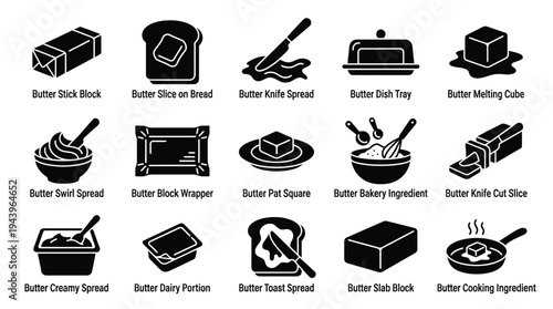Collection of 15 black and white icons representing various forms and uses of butter, including sticks, slices, spreads, and cooking applications.