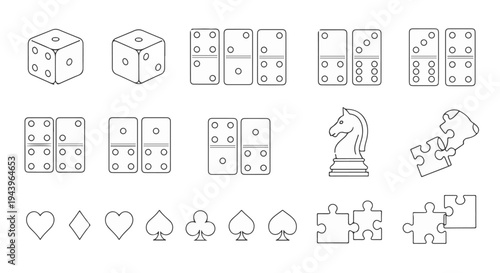 Line Art Game Icon Set. Dice, Dominoes, Chess Knight, Card Suits, and Puzzle Pieces. isolated PNG with Transparent Background