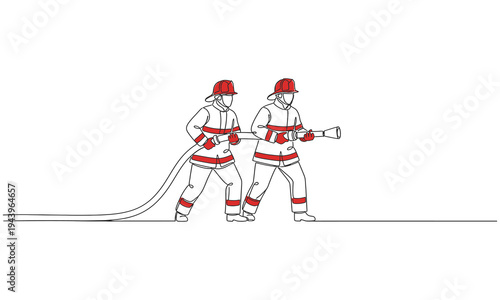 One continuous line drawing vector illustration of fireman two Fireman with hose in red helmets. 
