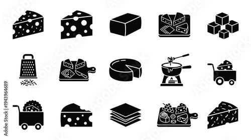 A collection of black and white icons representing various forms of cheese and cheese-related items, including slices, blocks, graters, and fondue.