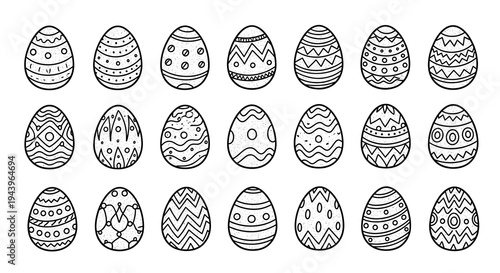 Decorated easter eggs with unique patterns on white background