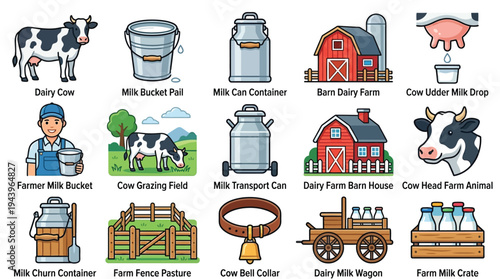 Collection of illustrations depicting various elements of dairy farming, including cows, farmers, milk containers, barns, and farm equipment.