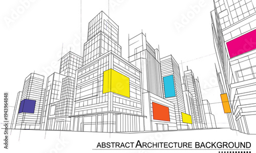 Dynamic urban city skyline wireframe with colorful digital billboard mockups for creative advertising agencies and modern commercial marketing media.