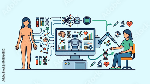 Medical technology system analyzing human body healthcare innovation illustration