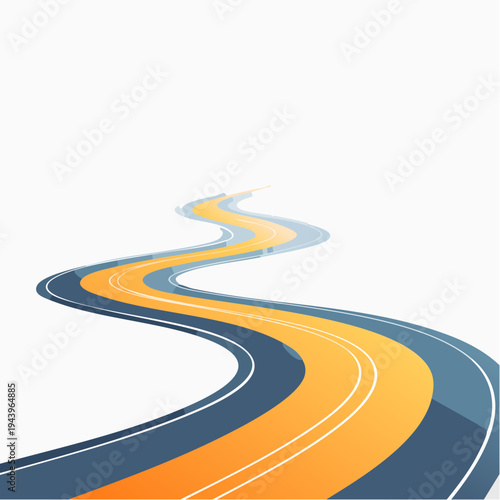 Winding Road Journey Towards the Horizon with Orange and Blue Curves