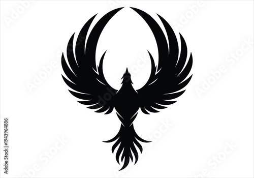 A majestic black phoenix silhouette with wings spread wide in a circular formation on a white background