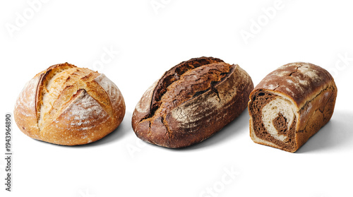 Obraz na plátně three types of artisanal bread loaves, including a round boule, an oval sourdough, and a swirled loaf, displayed on a clean white background, emphasizing fresh bakery products