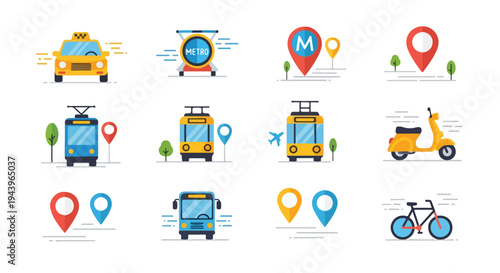 Vector illustration of various transportation modes including a dumptruck, car, scooter, bicycle, and bus with location markers on a white background.