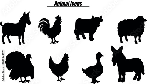 Collection of black animal silhouettes including farm and domesticated creatures