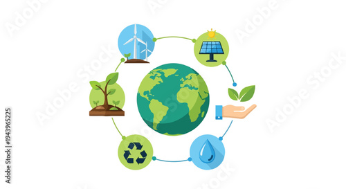 3D illustration of a global ecology concept featuring Easter eggs and flowers with birds surrounding a green planet Earth icon and a nature tree to symbolize an eco friendly world environment