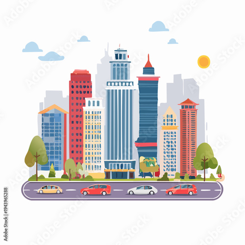 Modern city skyline with buildings and cars on the street