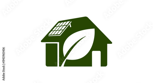 Green house with solar panel and leaf symbol.