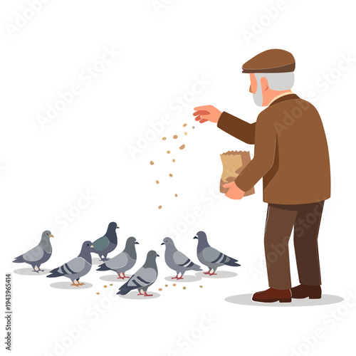 An elderly man is feeding several pigeons on a city street corner.