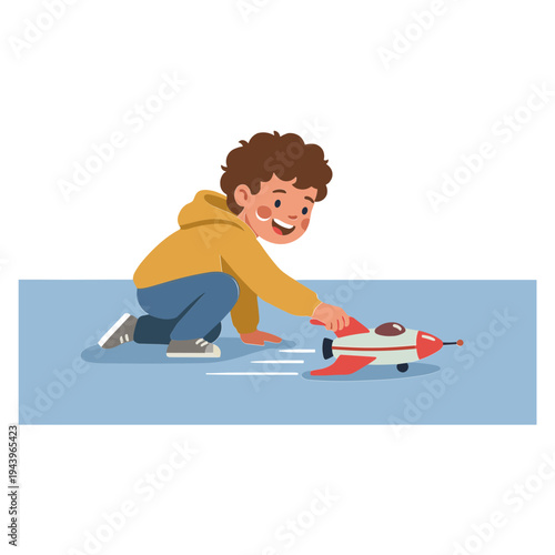 A child plays with a toy rocket on the floor enthusiastically.
