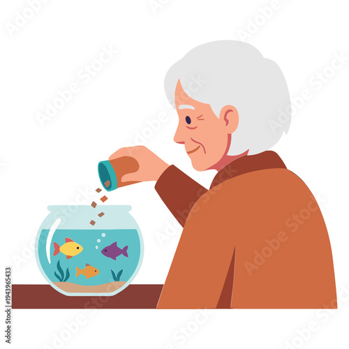 Elderly woman feeding colorful fish in a bowl on a table indoors.
