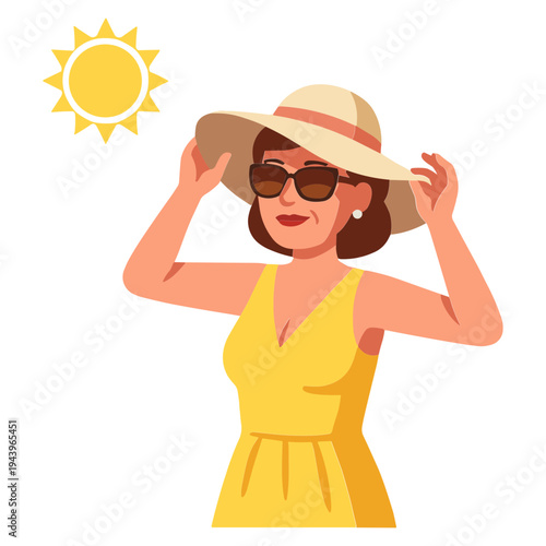 Woman wearing a yellow dress adjusting her hat under the sun.