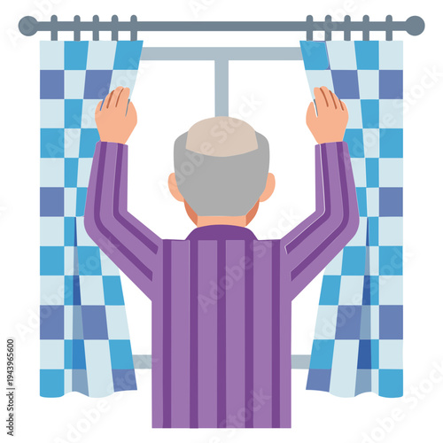 Man opens blue checkered curtains in morning light from inside