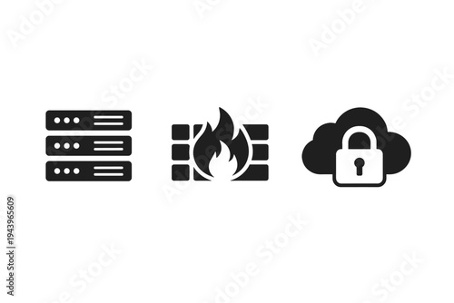 Minimal black cybersecurity icons showing server stack, network firewall barrier with flame symbol, and cloud storage padlock for data protection