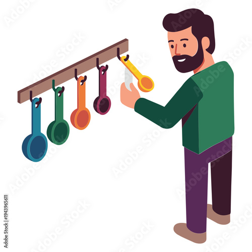 Man holding yellow kitchen ladle on rack with other colorful utensils