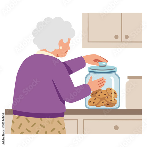 Elderly woman reaching for cookies in a glass jar on kitchen counter