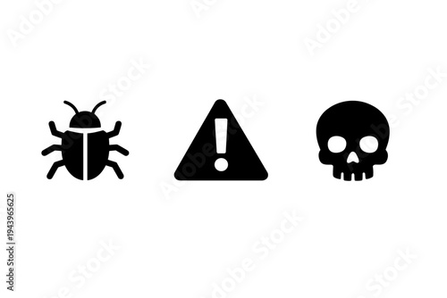 Minimal black icons of a computer bug, warning triangle with exclamation mark, and skull symbol representing cybersecurity threat and danger