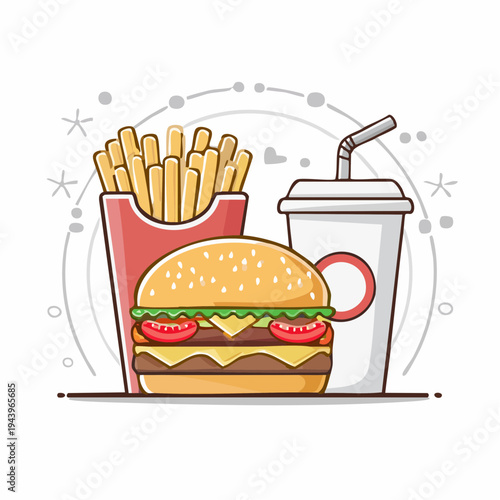 Delicious fast food meal with burger, french fries, and a soda drink
