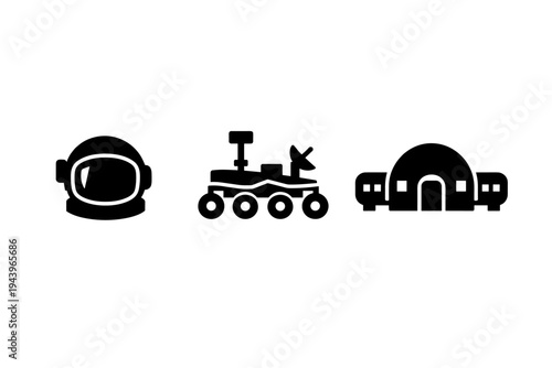 Minimal black silhouette icons showing an astronaut helmet, a planetary exploration rover with camera mast, and a dome habitat base on white background