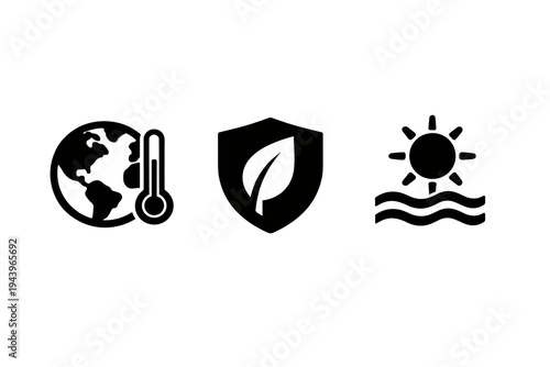Minimal black environmental icons showing global warming thermometer, eco shield with leaf, and sun over waves representing climate protection and sustainability