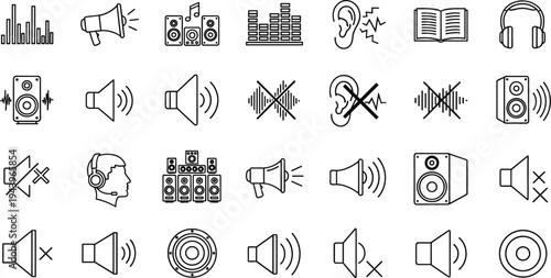Audio and sound icon set featuring speakers volume control headphones megaphone musical notes and digital signal wave elements.