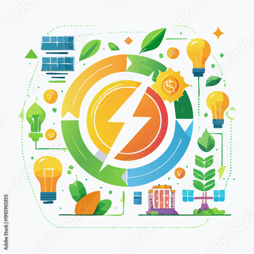 Renewable Energy Cycle Solar Power, Lightbulbs, and Sustainable Growth Illustration