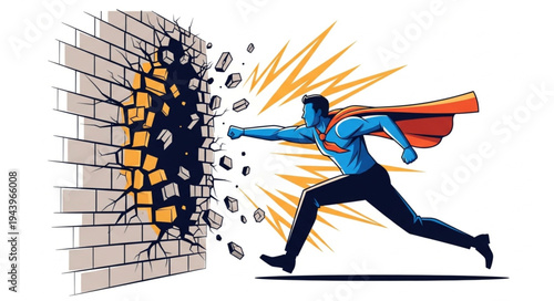 Superhero Breaking Through Brick Wall.