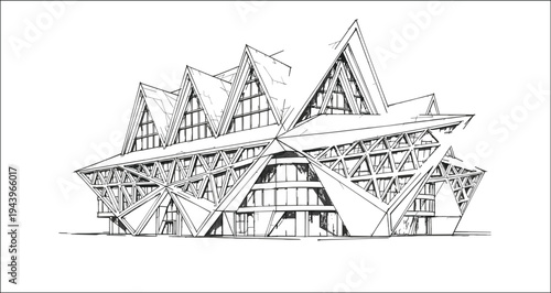 Expressive architectural perspective of a contemporary jagged-roof landmark building featuring a complex space-frame structural grid and asymmetrical peaks.
