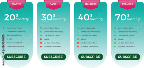Business pricing comparison table layout, four tier subscription website with button vector stock illustration isolated on background.