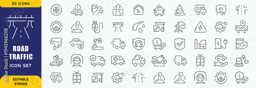 Road traffic icons set. Containing street, highway, traffic light, signpost, parking, route, drive, crosswalk, roundabout, and more. Outline Icon Collection. Vector illustration. Editable stroke
