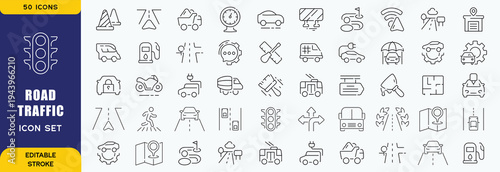 Road and traffic line icons collection. Street, transport, fuel, vehicle, location, car service icons. UI icon set. Thin outline icons pack. Vector illustration EPS10