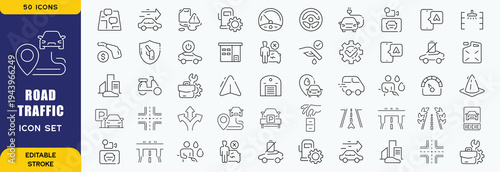 Road traffic icons set. Containing street, highway, traffic light, signpost, parking, route, drive, crosswalk, roundabout, and more. Outline Icon Collection. Vector illustration. Editable stroke