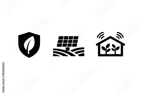 Minimal black icons representing environmental protection, solar energy panels on landscape, and smart greenhouse monitoring with wireless plant growth symbols