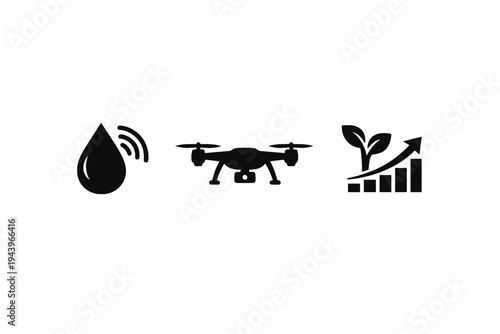 Dark minimalist technology icons showing a water droplet with wireless signal, a quadcopter drone silhouette, and a sustainable growth chart with leaves
